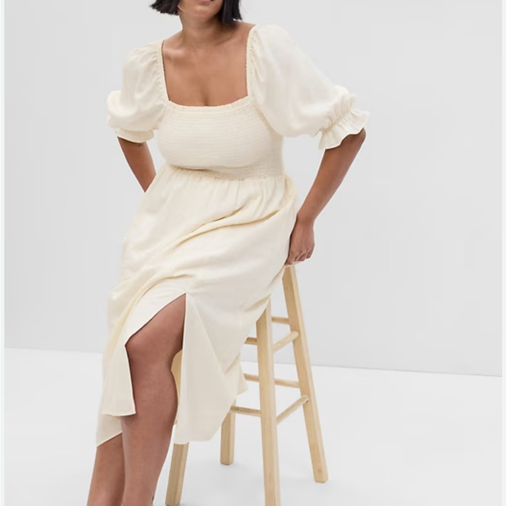 GAP Smocked Puff-Sleeve Midi Dress in Cream